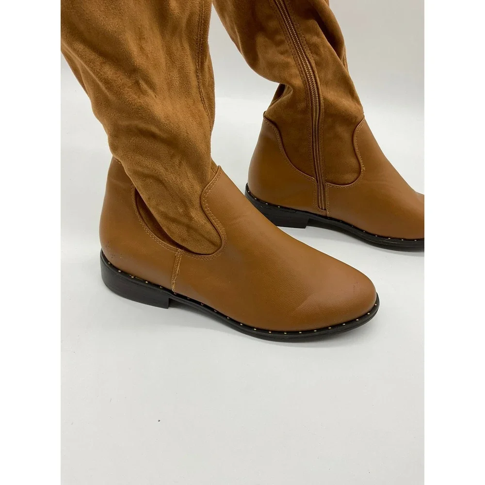 Bamboo Preppy-14M Over The Knee Boots Womens 8 Cognac Brown Faux Suede Studded